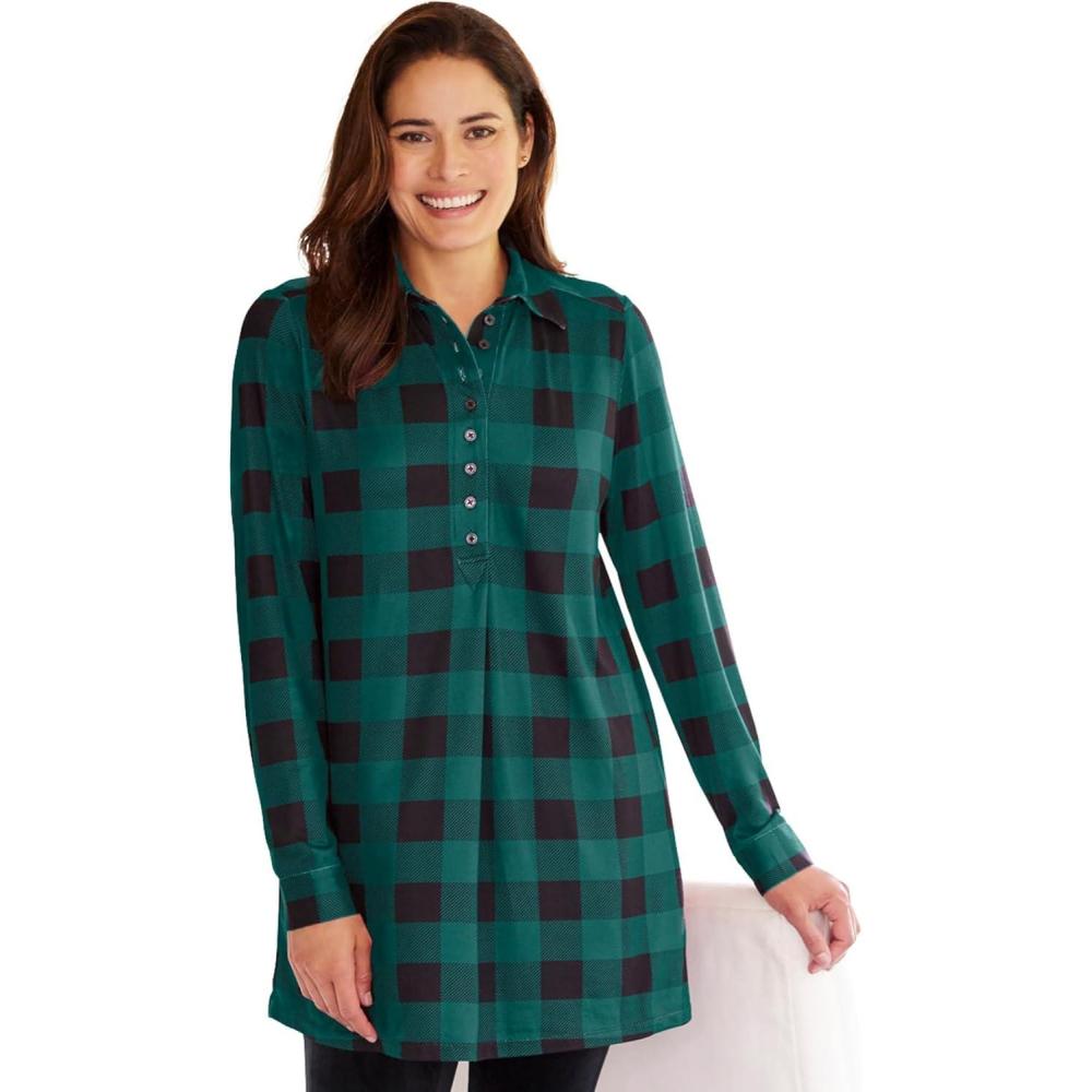 imageWoman Within Plus Size Plaid Knit Tunic with CollarEmerald Green Plaid