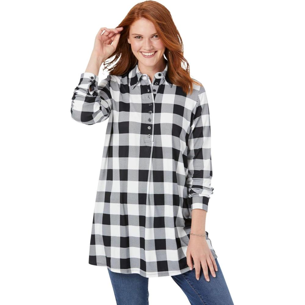 imageWoman Within Plus Size Plaid Knit Tunic with CollarIvory Plaid