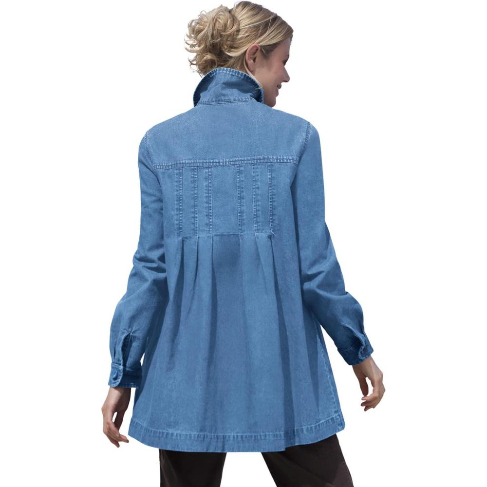 imageWoman Within Plus Size PleatBack Denim Jacket Long Oversized Jean CoatLight Stonewash