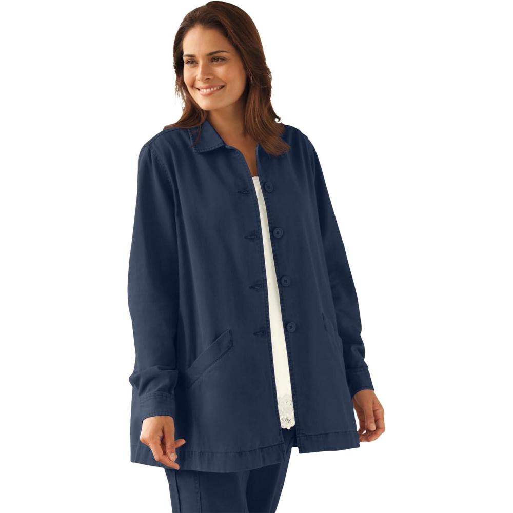 imageWoman Within Plus Size PleatBack Denim Jacket Long Oversized Jean CoatNavy