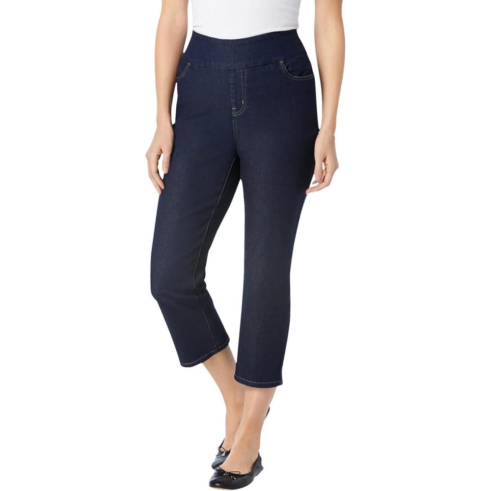 imageWoman Within Plus Size PullOn ElasticWaist Stretch Denim Capri JeansIndigo