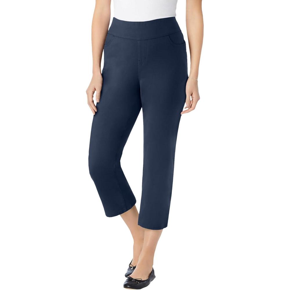 imageWoman Within Plus Size PullOn ElasticWaist Stretch Denim Capri JeansNavy