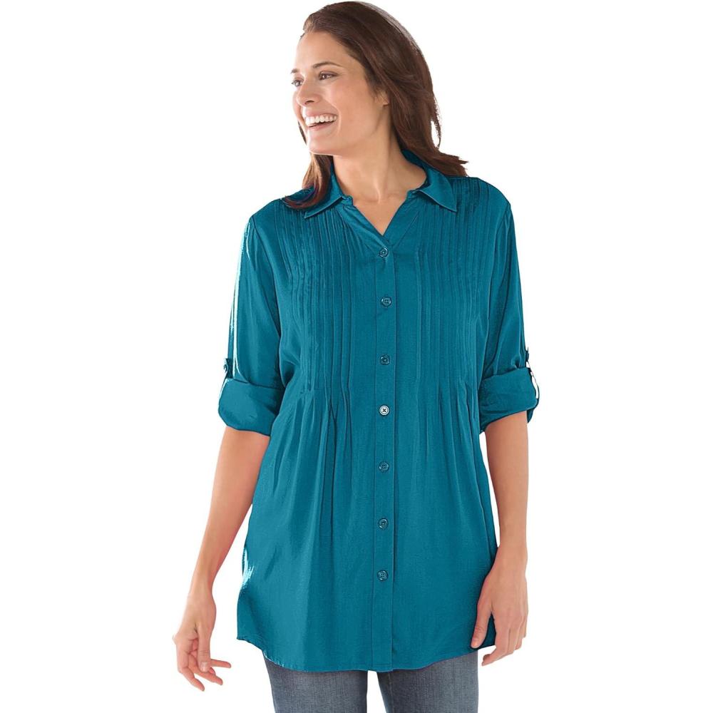 imageWoman Within Plus Size Rayon 7Day Pintucked Tunic BlouseDeep Teal