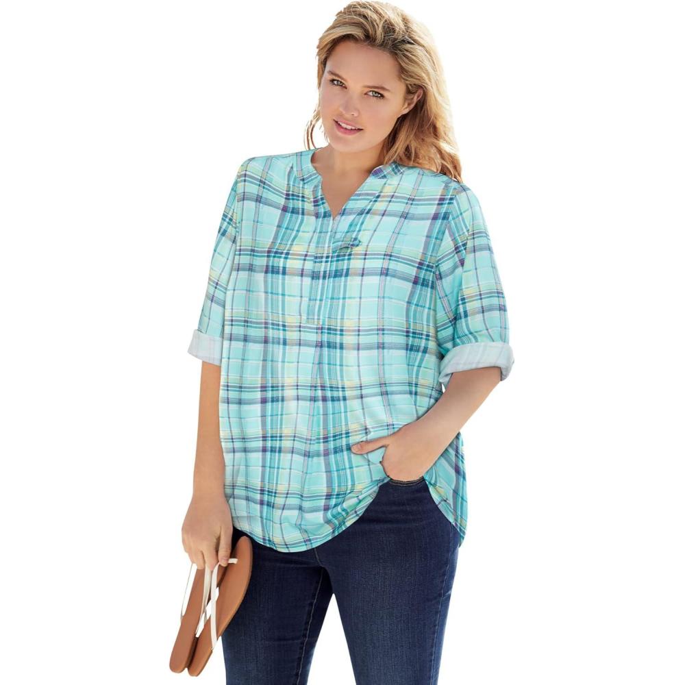 imageWoman Within Plus Size Rayon 7Day ThreeQuarter Sleeve TabFront TunicAzure Plaid