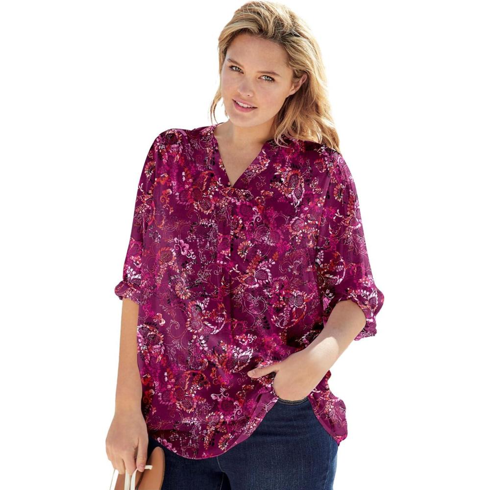 imageWoman Within Plus Size Rayon 7Day ThreeQuarter Sleeve TabFront TunicDeep Claret Batik