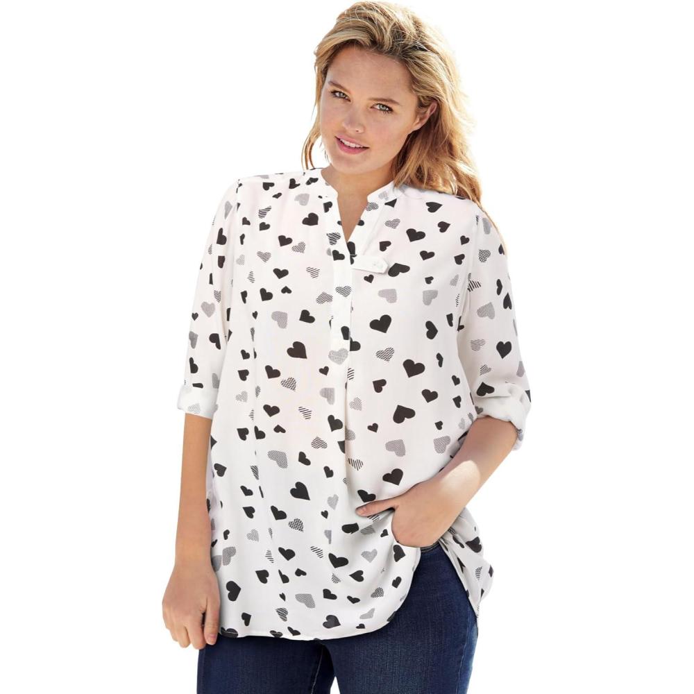 imageWoman Within Plus Size Rayon 7Day ThreeQuarter Sleeve TabFront TunicWhite Heart Stencil