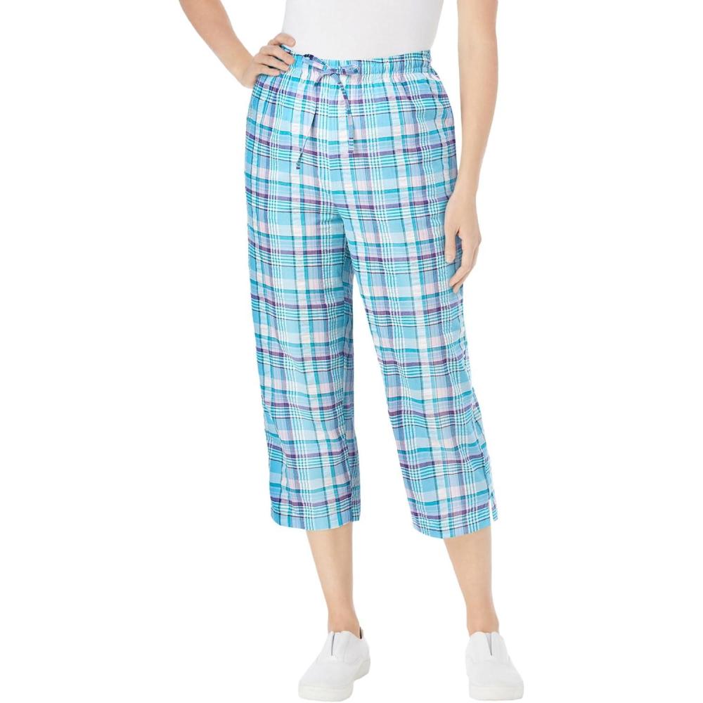 imageWoman Within Plus Size Seersucker PullOn ElasticWaist Capri PantsParadise Blue Plaid