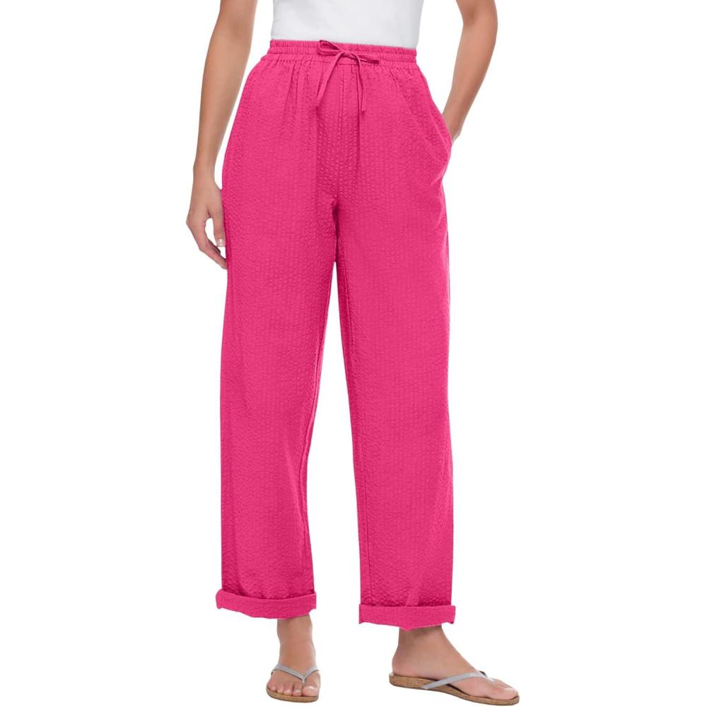 imageWoman Within Plus Size Seersucker PullOn ElasticWaist PantsRaspberry Sorbet