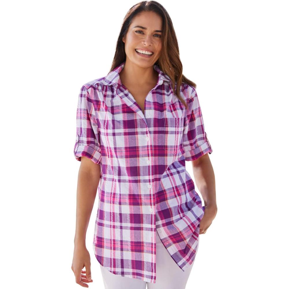 imageWoman Within Plus Size ShortSleeve Button Down Seersucker ShirtRaspberry Sorbet Camp Plaid