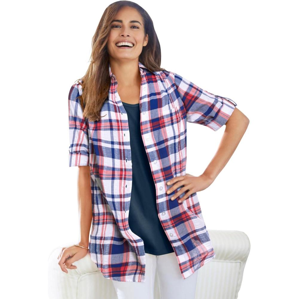 imageWoman Within Plus Size ShortSleeve Button Down Seersucker ShirtRed White Blue Plaid