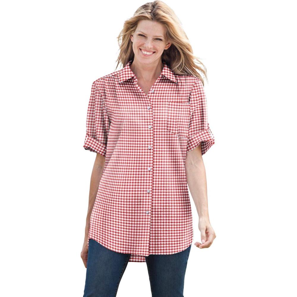 imageWoman Within Plus Size ShortSleeve Button Down Seersucker ShirtVivid Red Gingham