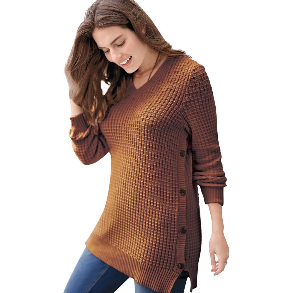imageWoman Within Plus Size Side Button VNeck Waffle Knit SweaterAntique Copper
