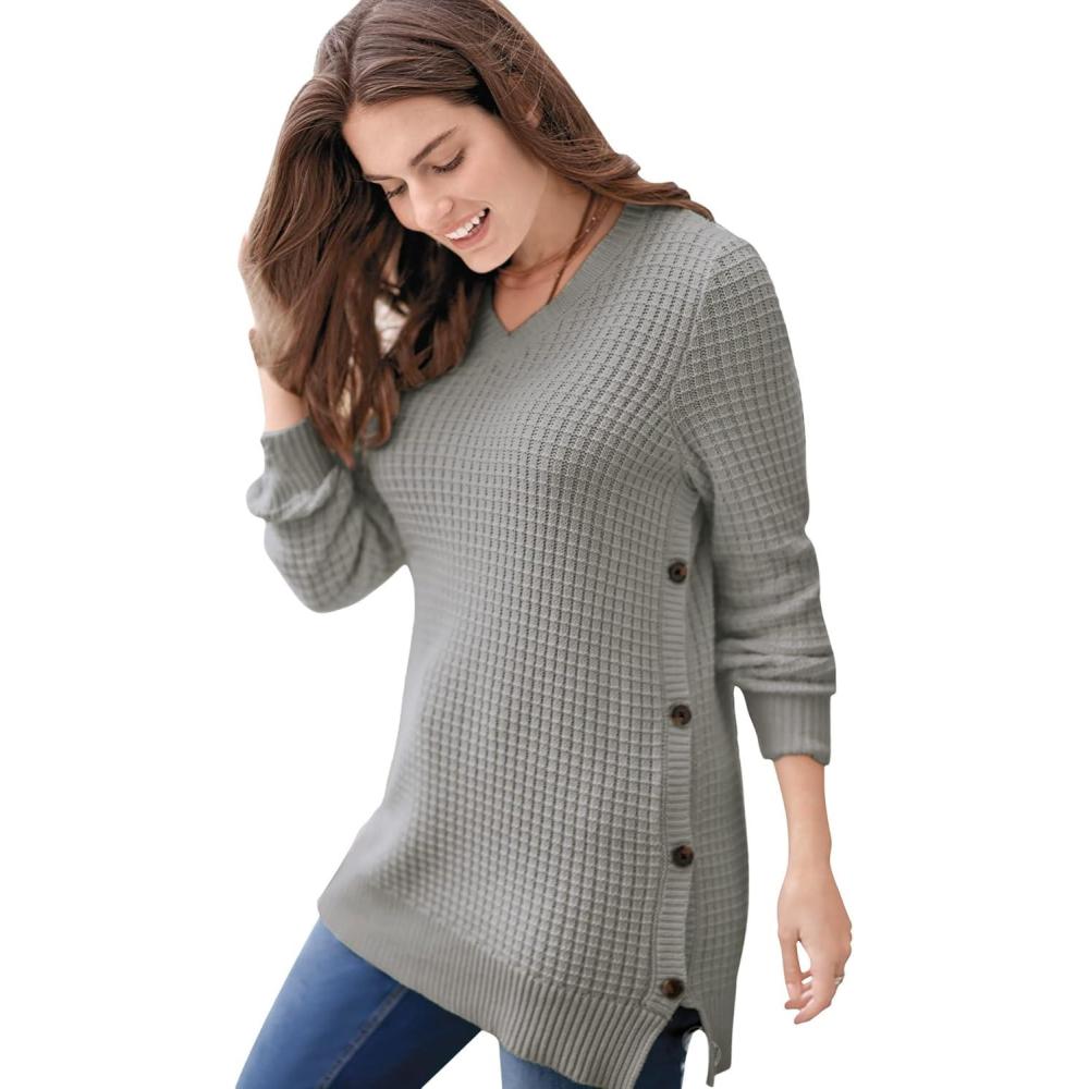 imageWoman Within Plus Size Side Button VNeck Waffle Knit SweaterHeather Grey