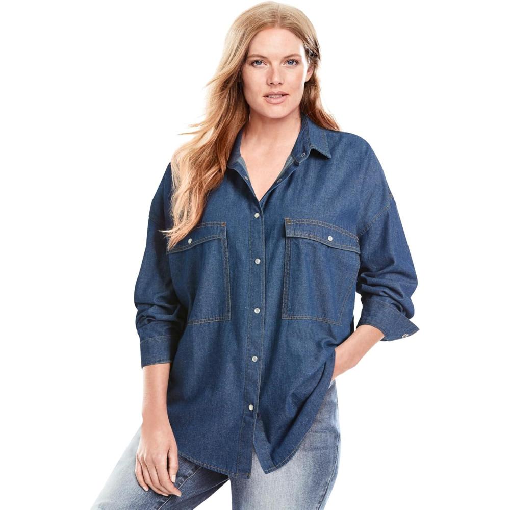 imageWoman Within Plus Size Snap Front 4Pocket Denim Big ShirtMedium Stonewash