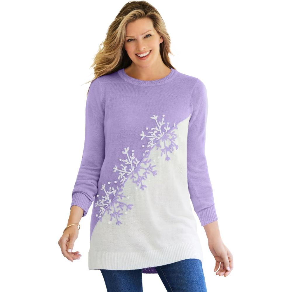 imageWoman Within Plus Size Snowflake Jacquard Pullover SweaterSoft Iris Snowflake Embroidery