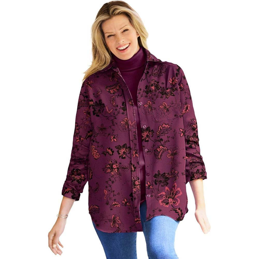 imageWoman Within Plus Size Soft Faux Suede ShirtDeep Claret Sketched Folk