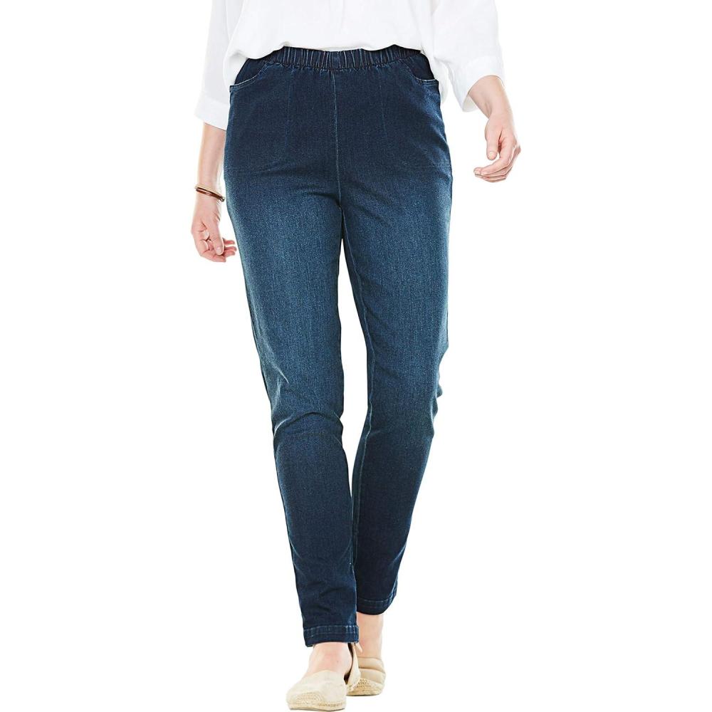 imageWoman Within Plus Size Straight Leg Elastic Waist Stretch Fineline Denim Jean Petite ampamp Tall AvailableIndigo Sanded