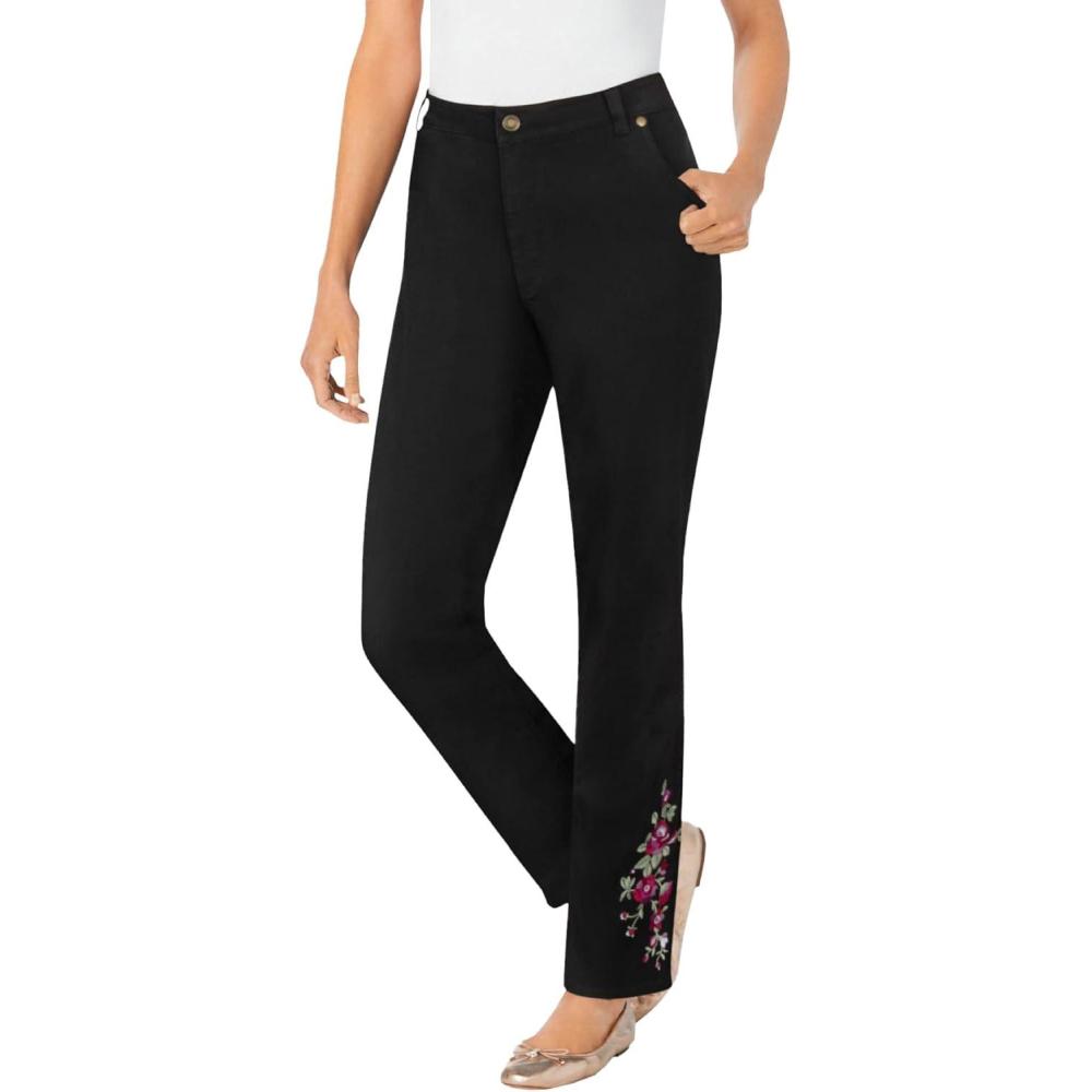 imageWoman Within Plus Size StraightLeg Stretch Denim FivePocket JeansBlack Bloom Embroidery