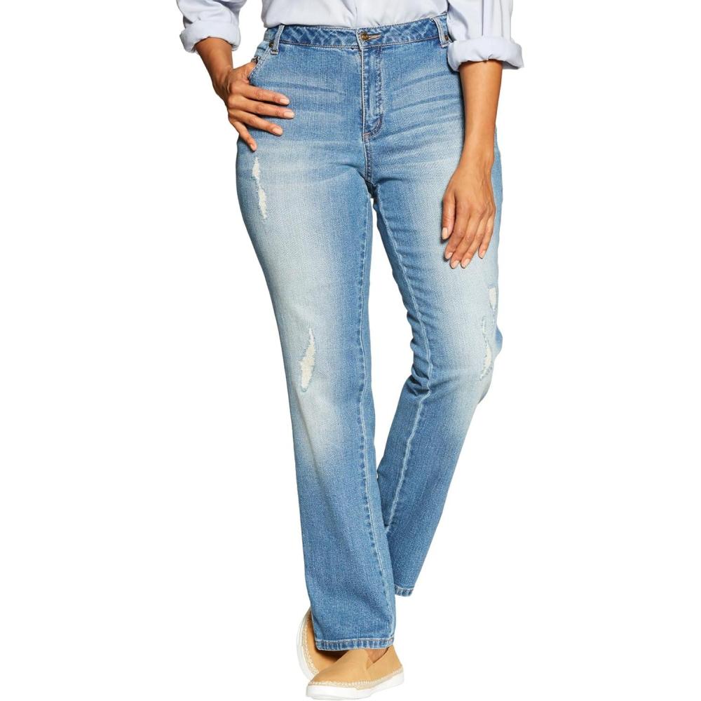imageWoman Within Plus Size StraightLeg Stretch Denim FivePocket JeansDistressed