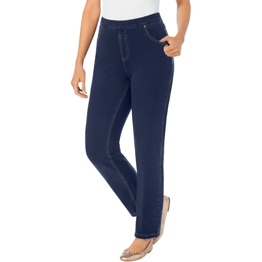 imageWoman Within Plus Size StraightLeg Stretch Knit Denim FivePocket JeansMidnight