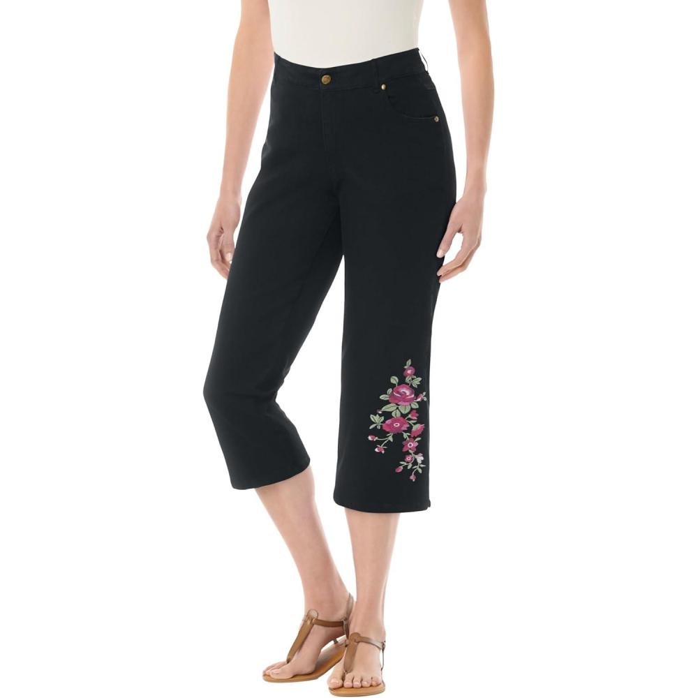 imageWoman Within Plus Size Stretch Denim FivePocket Capri JeansBlack Bloom Embroidery