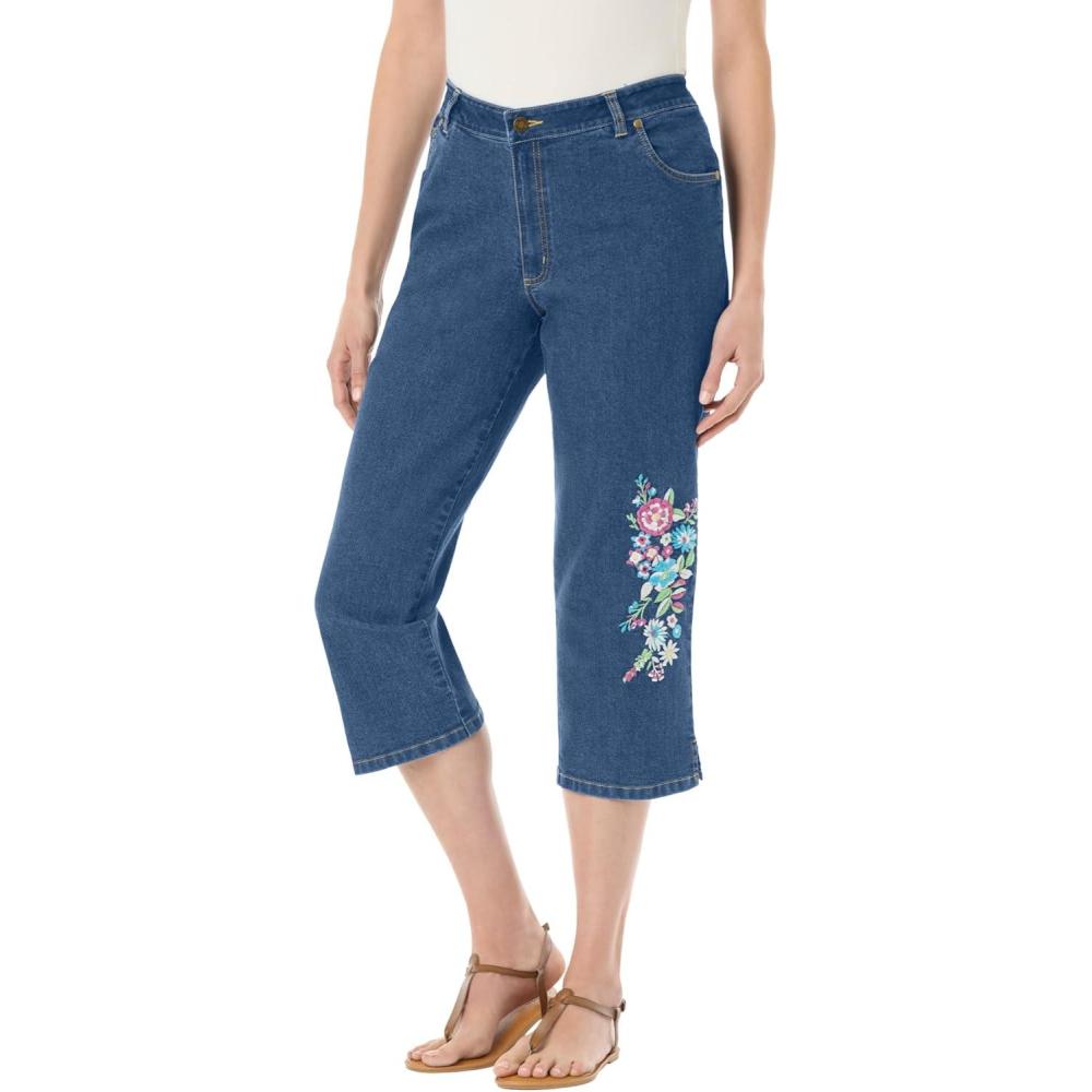 imageWoman Within Plus Size Stretch Denim FivePocket Capri JeansMedium Stonewash Floral Embroidery