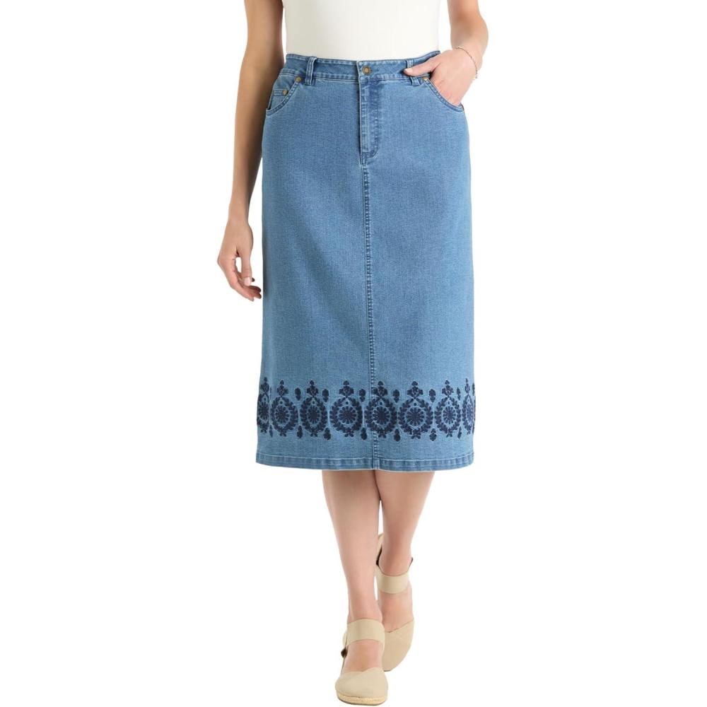 imageWoman Within Plus Size Stretch Denim FivePocket Jeans SkirtLight Stonewash Border Embroidery