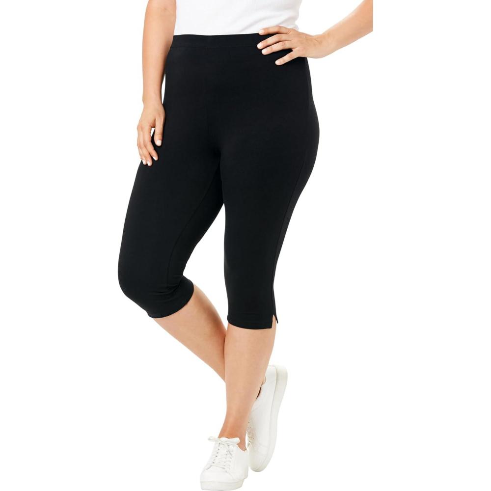 imageWoman Within Plus Size StretchCotton Knit PullOn Capri LeggingsBlack