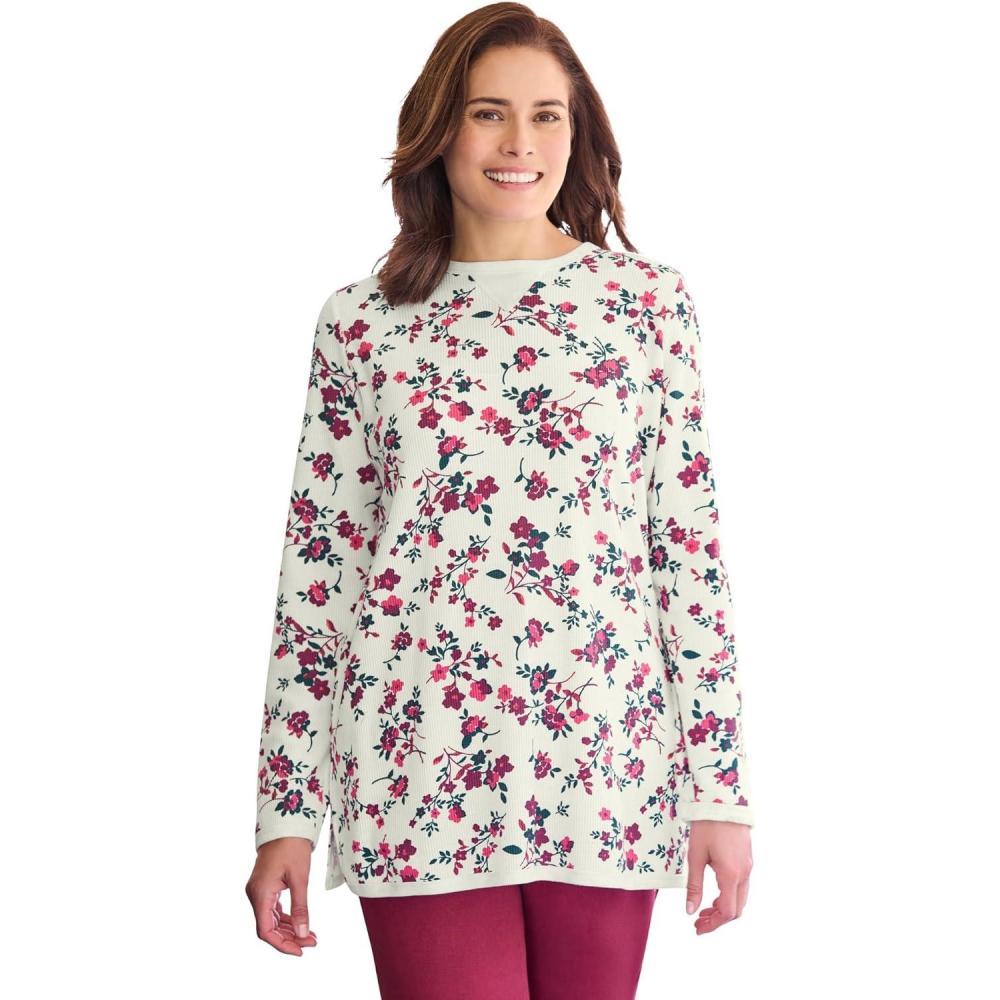 imageWoman Within Plus Size Ultra Soft Waffle Thermal SweatshirtIvory Multi Delicate Floral