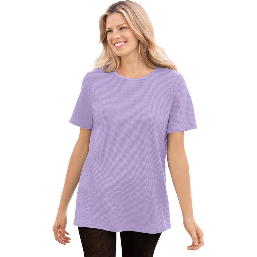 imageWoman Within Plus Size Waffle Thermal Satin Trim TeeSoft Iris