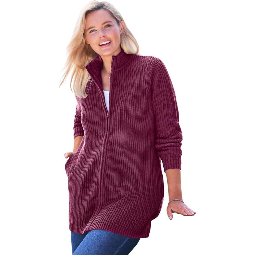 imageWoman Within Plus Size Zip Front Shaker CardiganDeep Claret