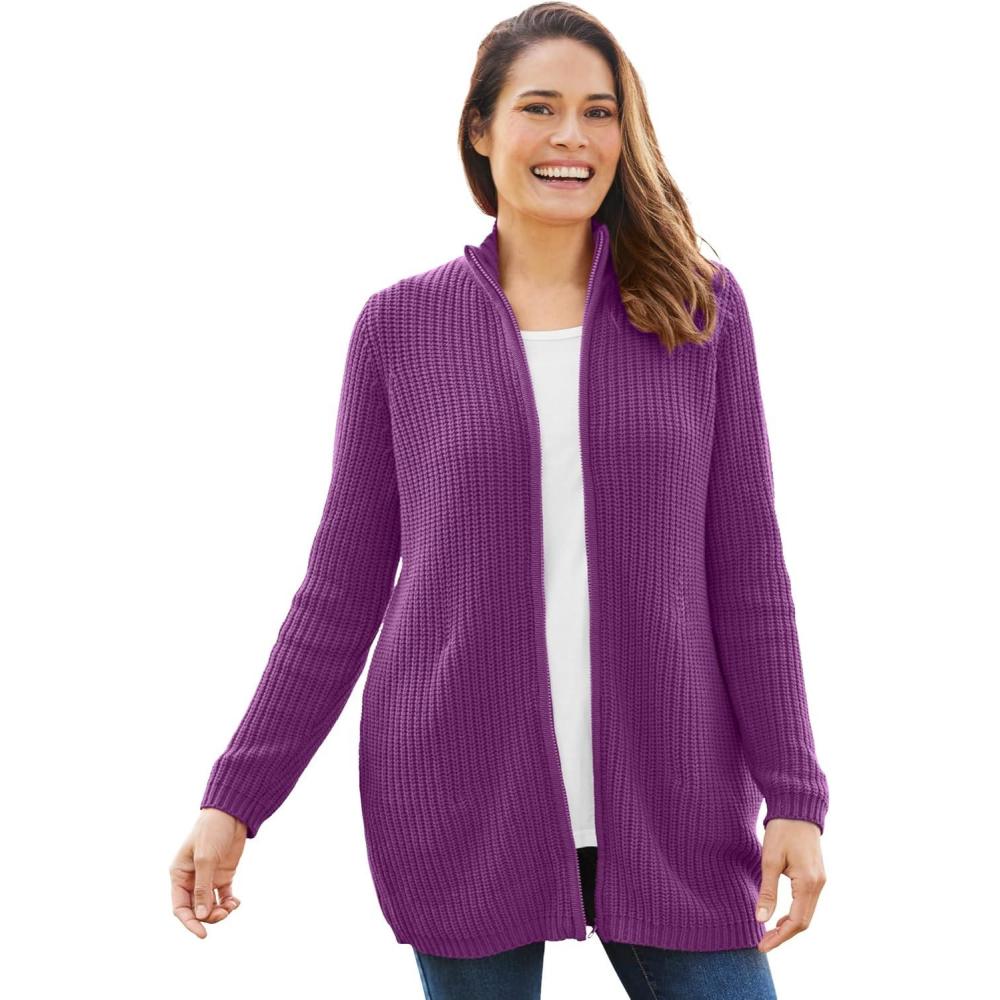 imageWoman Within Plus Size Zip Front Shaker CardiganPlum Purple