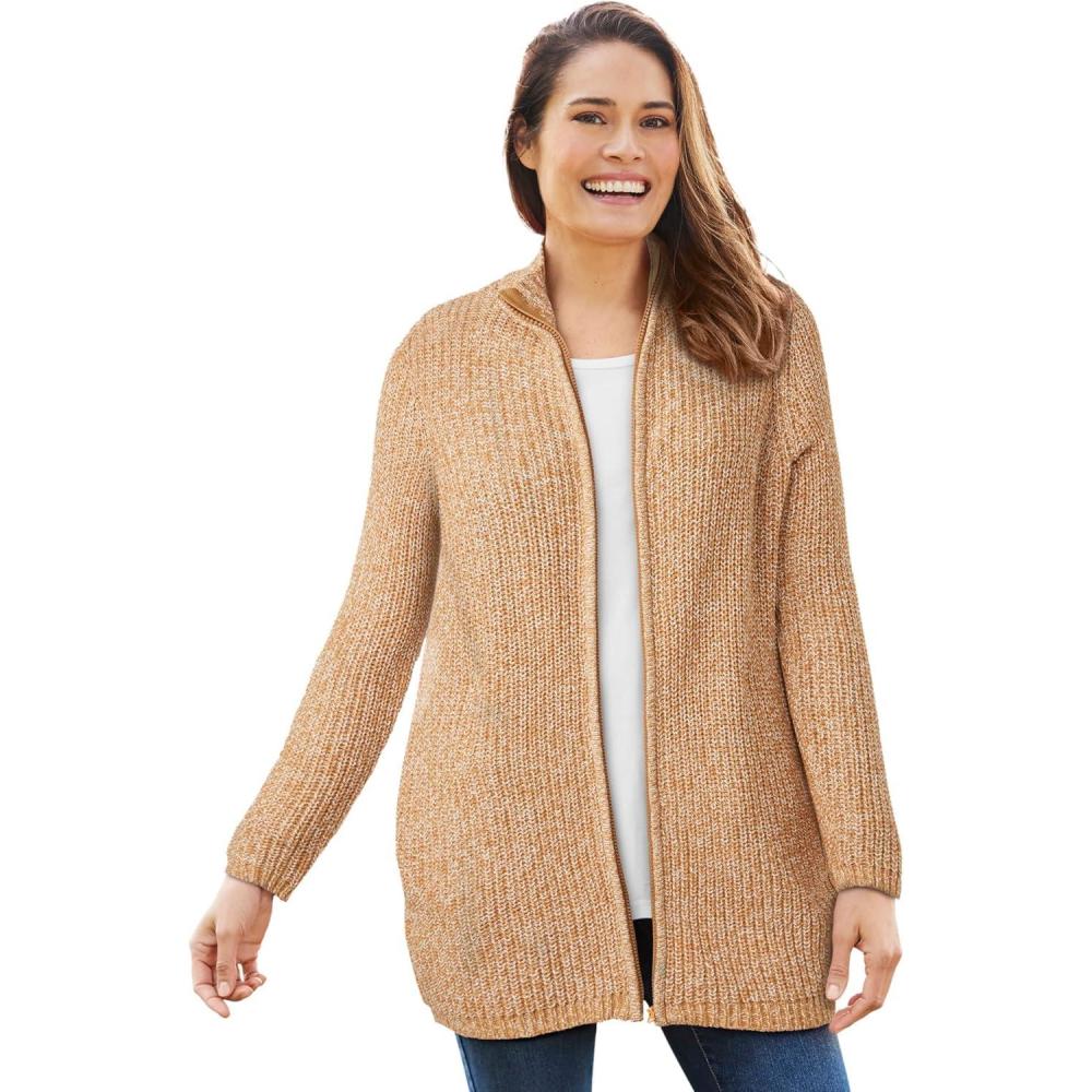 imageWoman Within Plus Size Zip Front Shaker CardiganSoft Camel Ivory Marled