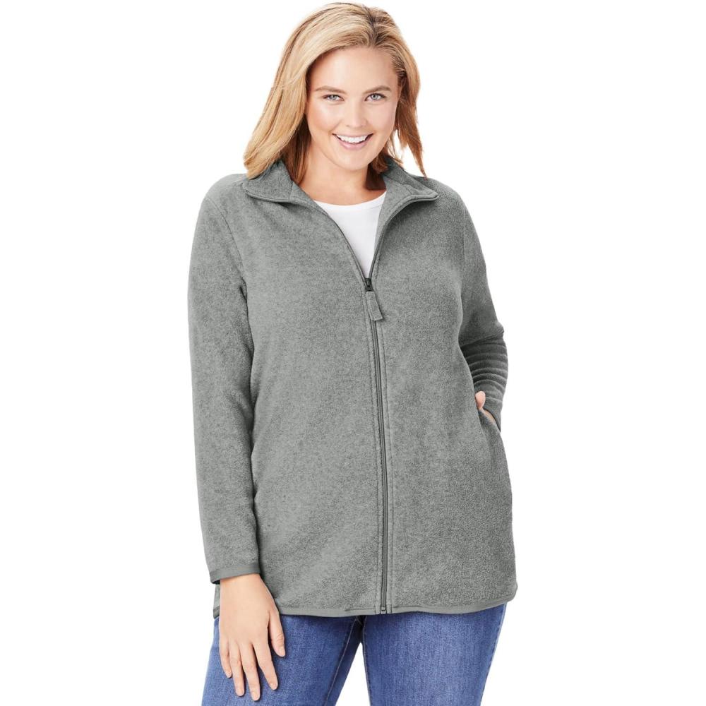 imageWoman Within Plus Size ZipFront Microfleece Jacket Long Oversized FleeceMedium Heather Grey