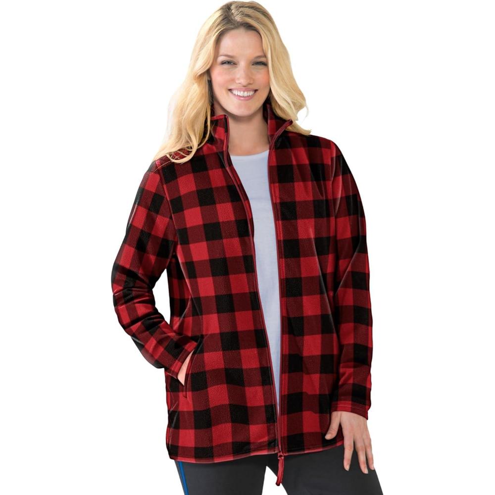 imageWoman Within Plus Size ZipFront Microfleece Jacket Long Oversized FleeceVivid Red Buffalo Plaid