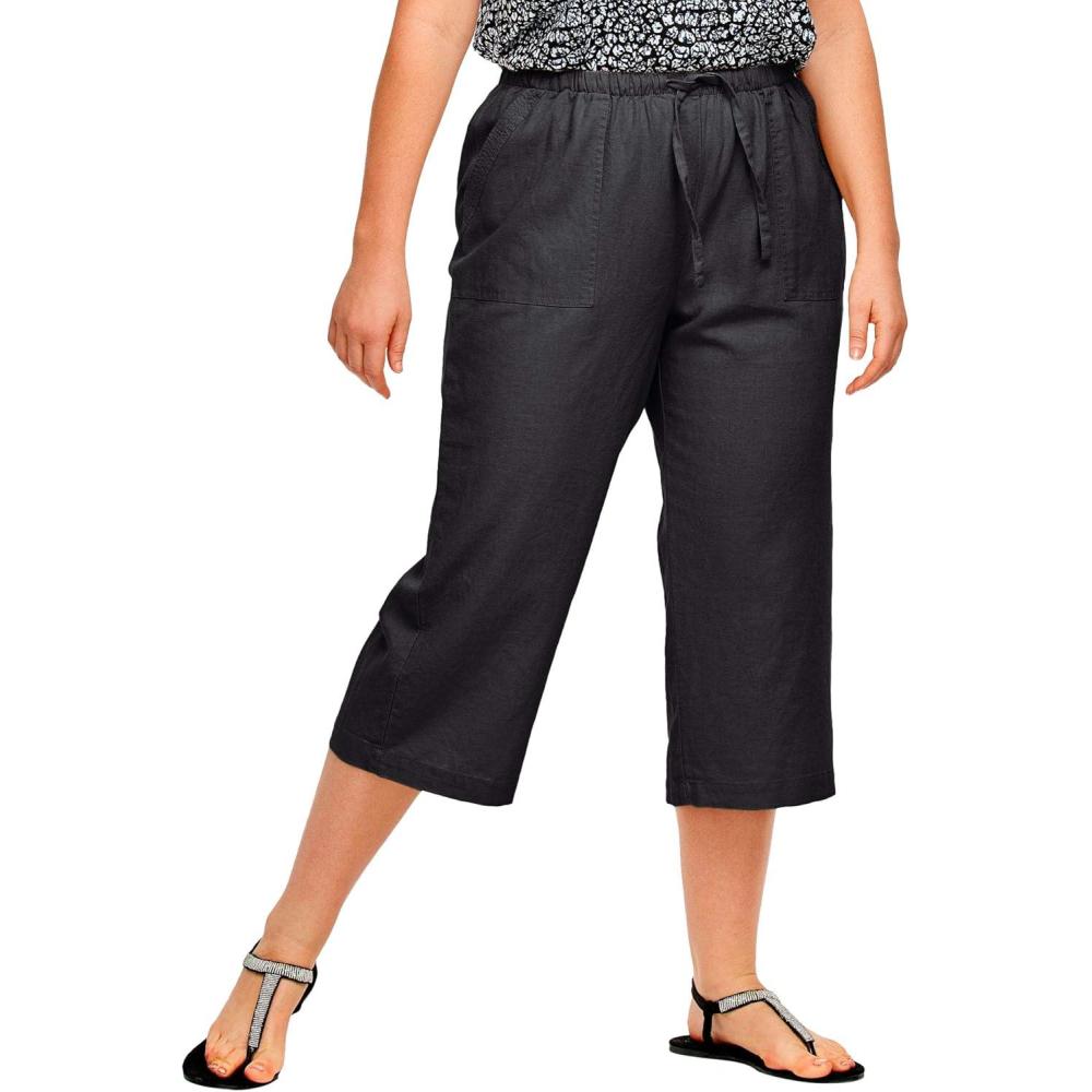 imageellos Plus Size LinenBlend Drawstring CaprisBlack