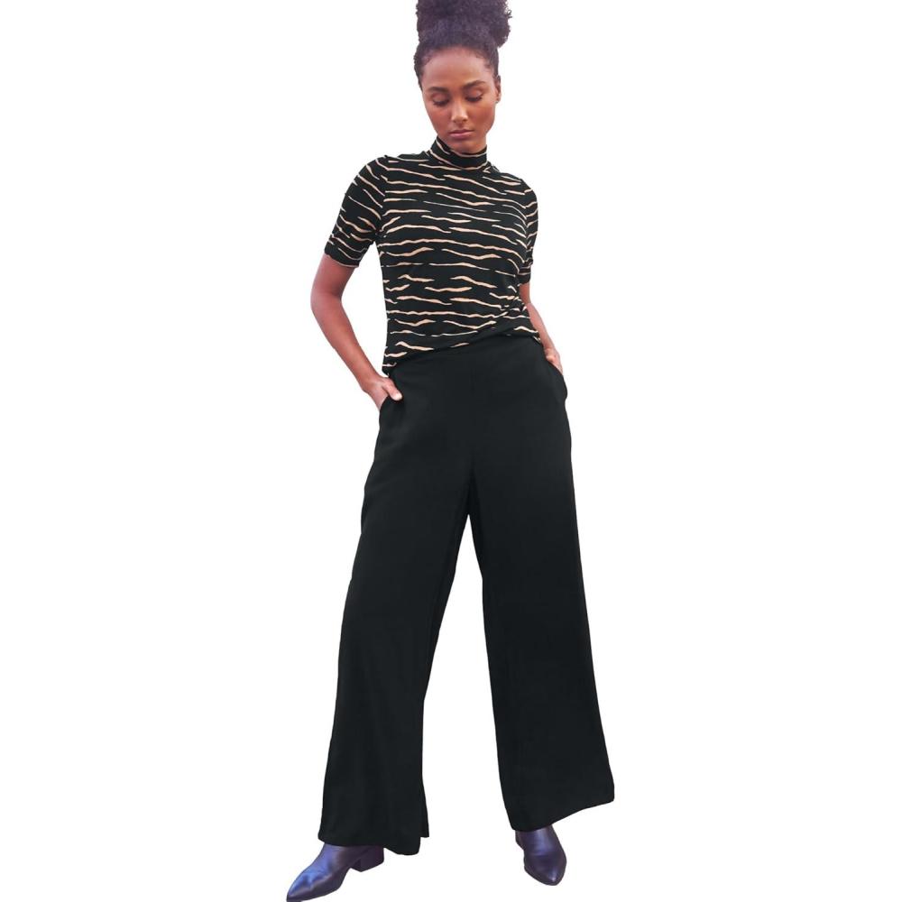 imageellos Plus Size WideLeg Soft Pants with Back ElasticBlack