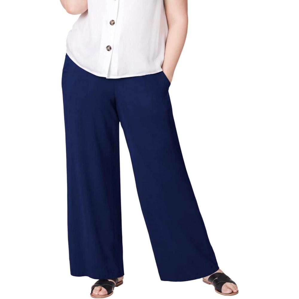 imageellos Plus Size WideLeg Soft Pants with Back ElasticNavy
