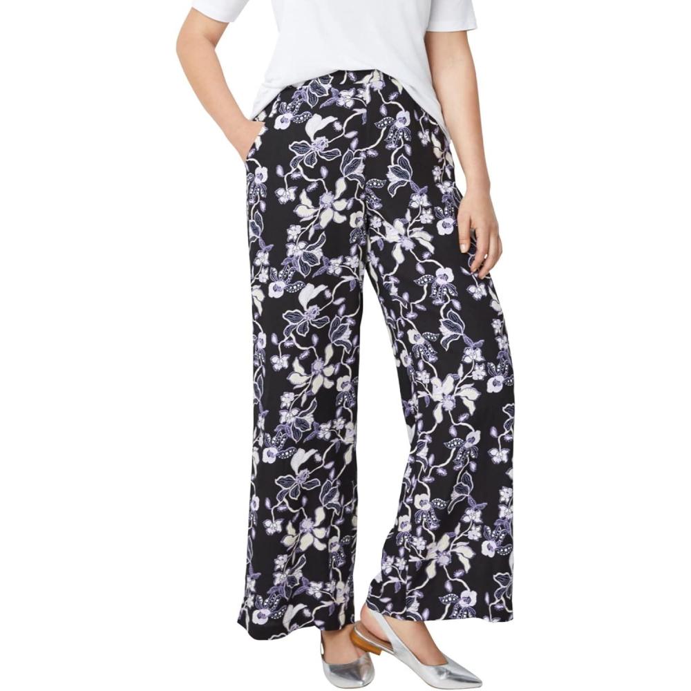 imageellos Plus Size WideLeg Soft Pants with Back ElasticNavy Floral Print