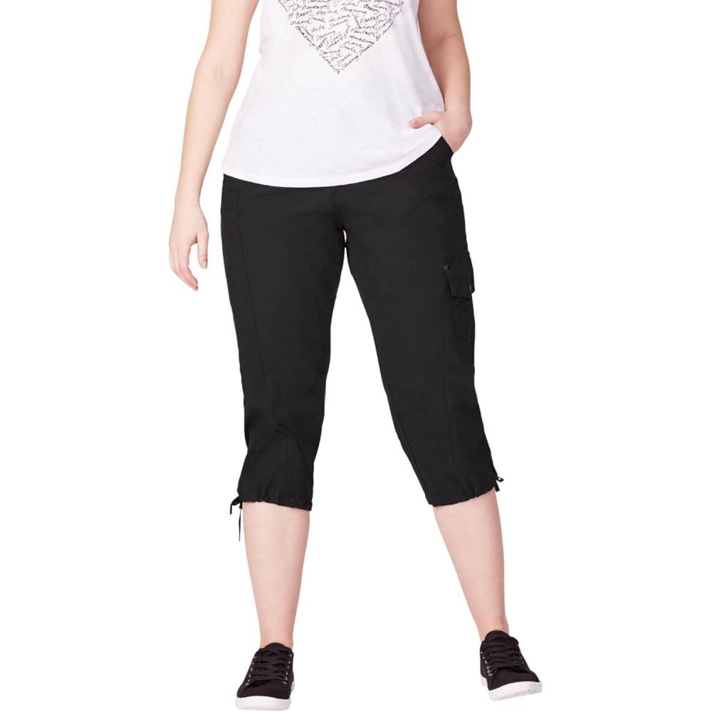 imageellos Womens Plus Size Stretch Cargo Capris Front and Side Pockets Casual Cropped PantsBlack