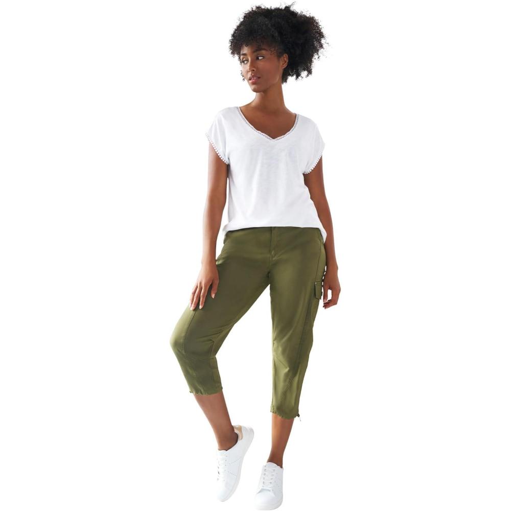 imageellos Womens Plus Size Stretch Cargo Capris Front and Side Pockets Casual Cropped PantsDark Basil