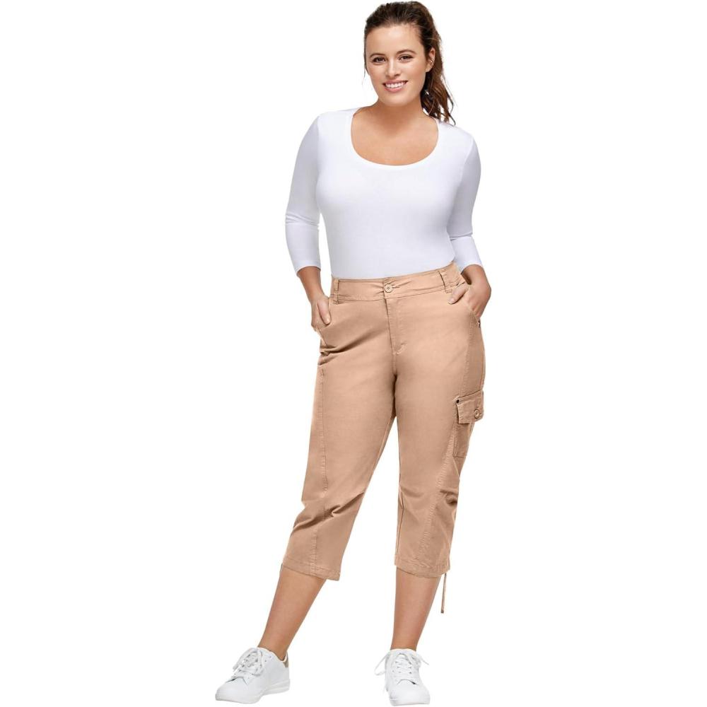 imageellos Womens Plus Size Stretch Cargo Capris Front and Side Pockets Casual Cropped PantsNew Khaki