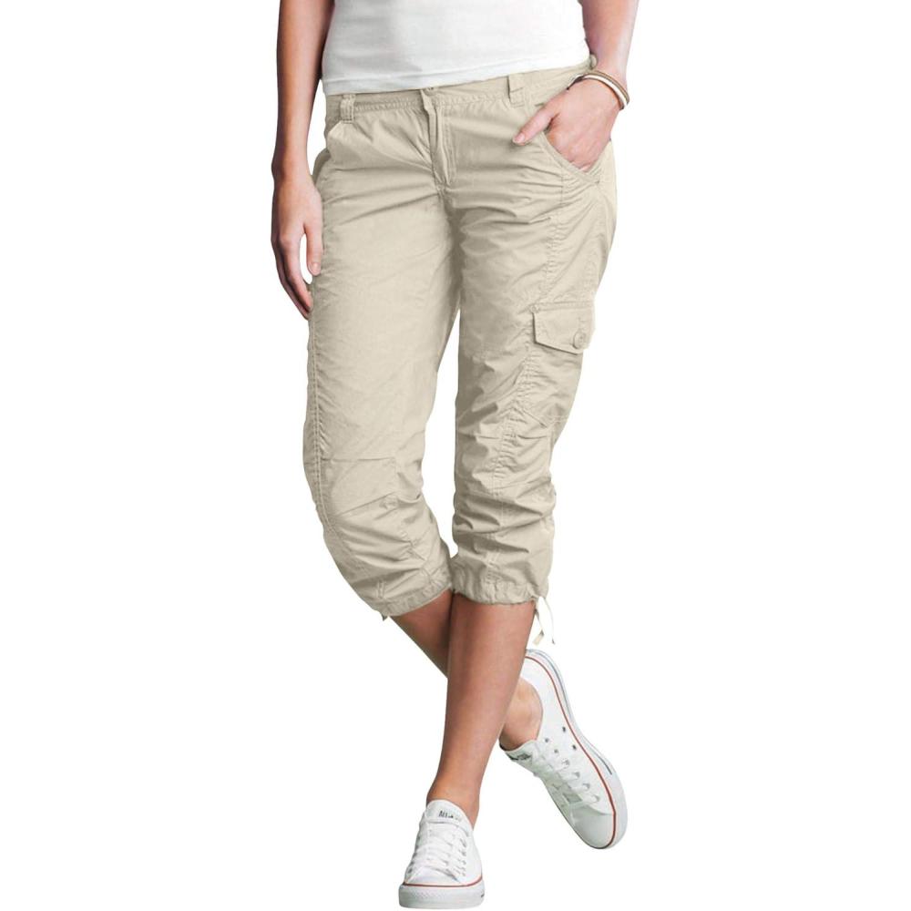 imageellos Womens Plus Size Stretch Cargo Capris Front and Side Pockets Casual Cropped PantsStone