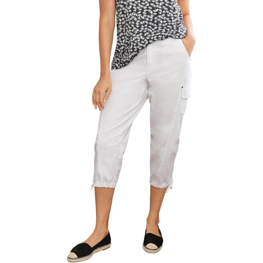 imageellos Womens Plus Size Stretch Cargo Capris Front and Side Pockets Casual Cropped PantsWhite