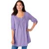 Woman Within Plus Size 7-Day Three-Quarter Sleeve Pintucked Henley Tunic(Black Soft Iris Pretty Bouquet)