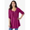 Woman Within Plus Size 7-Day Three-Quarter Sleeve Pintucked Henley Tunic(Emerald Green Magnolia)