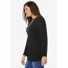 Woman Within Plus Size Embroidered Thermal Henley Tee(Black Vine Embroidery)