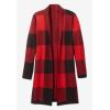 Woman Within Plus Size Jacquard Open Front Duster Sweater(Classic Red Buffalo Plaid)