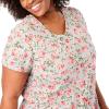 Woman Within Plus Size Perfect Printed Short-Sleeve V-Neck Tee(Emerald Green Patchwork Stripe)