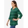 Woman Within Plus Size Perfect Printed Three-Quarter Sleeve V-Neck Tee(Emerald Green Patchwork Stripe)